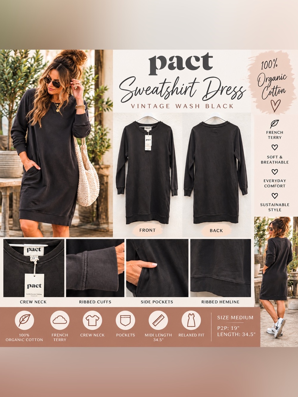 NWT Pact Organic Cotton French Terry Sweatshirt Dress Vintage Wash Black M